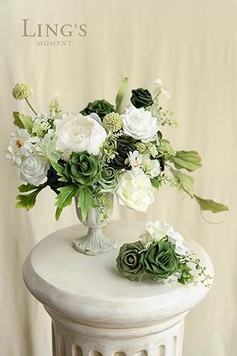 Miniatura 2 de Ling's Moment Flores artificiales, color verde bosque, rosas falsas de espuma de color degradado con tallos, 25 piezas para ramos de boda, centros