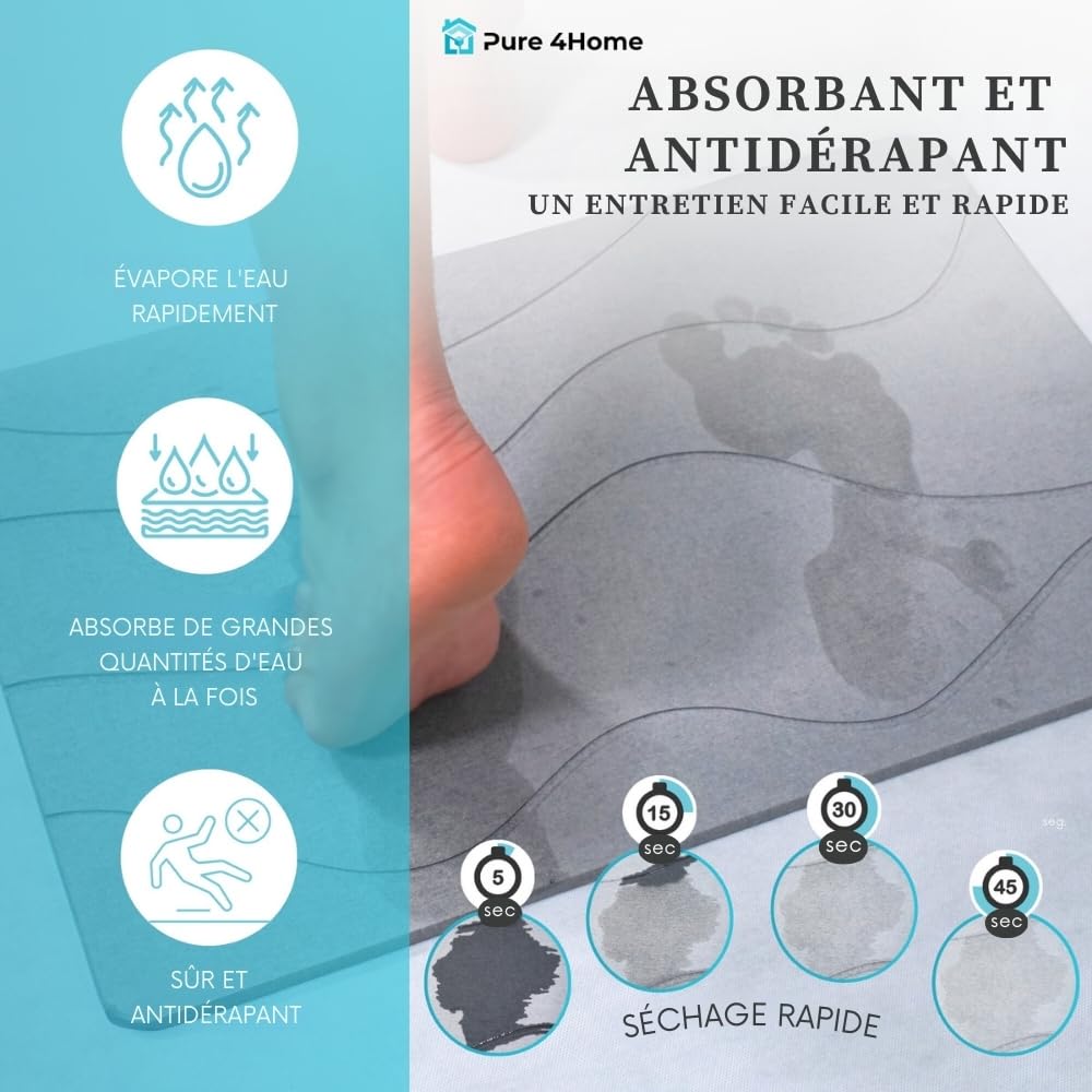 Tapis de Bain Diatomite Antidérapant 60 x 39 cm Pierre Naturelle Salle de Bain Diatomite Stone Bath Mat Waves Gray