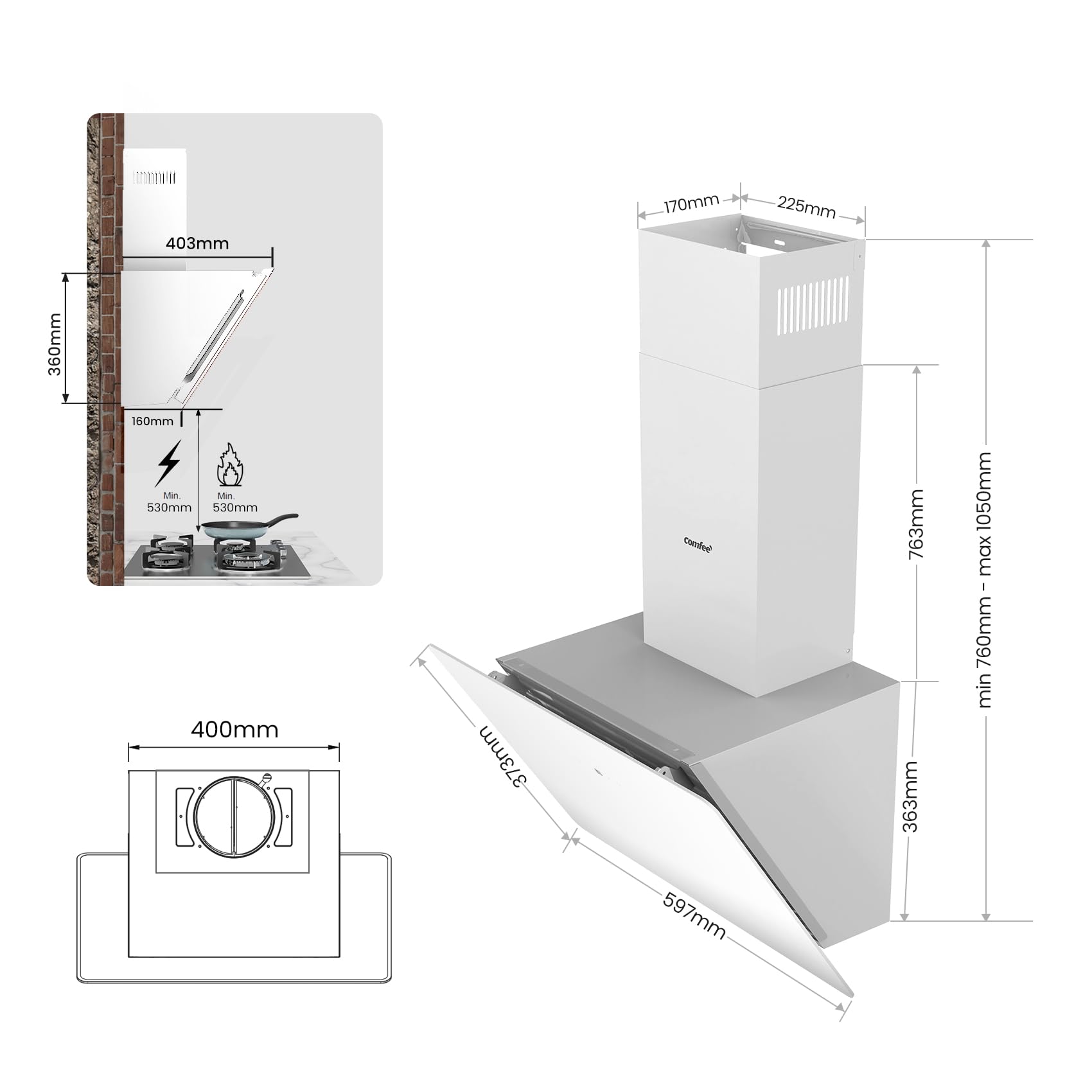 COMFEE' A+ Dunstabzugshaube 60cm CHK 3.6J64A1W Wandhaube aus gehärtetem Glas und Edelstahl mit Touchscreen, LED und Umluft- und Kanalsystem Wandmontierte Dunstabzugshaube, Weiß