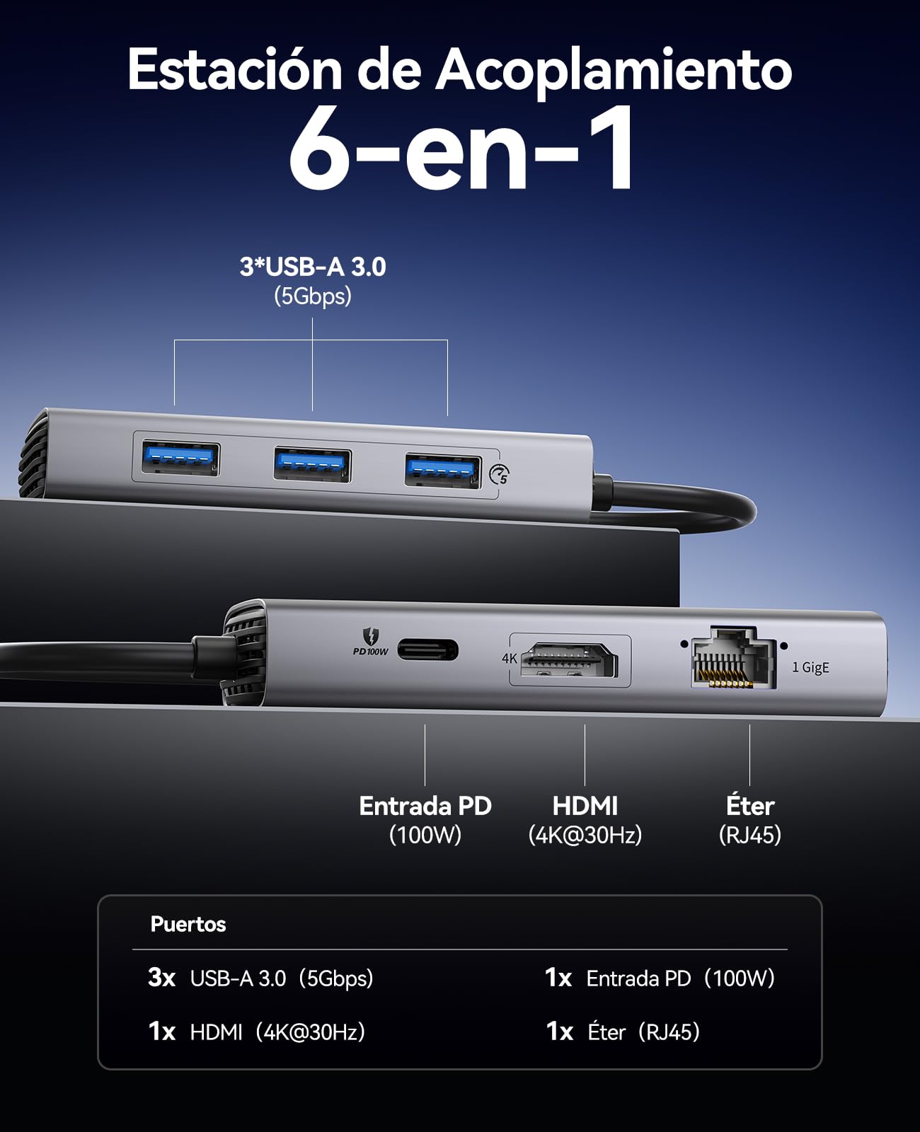 ORICO Docking Station, 6 EN 1 Hub USB C con HDMI 4K@30Hz + PD100W + 3 Puertos USB 3.0+Ethernet, Multipuerto USB 3.0 Adaptador Compatible con MacBook/DELL/HP/Surface