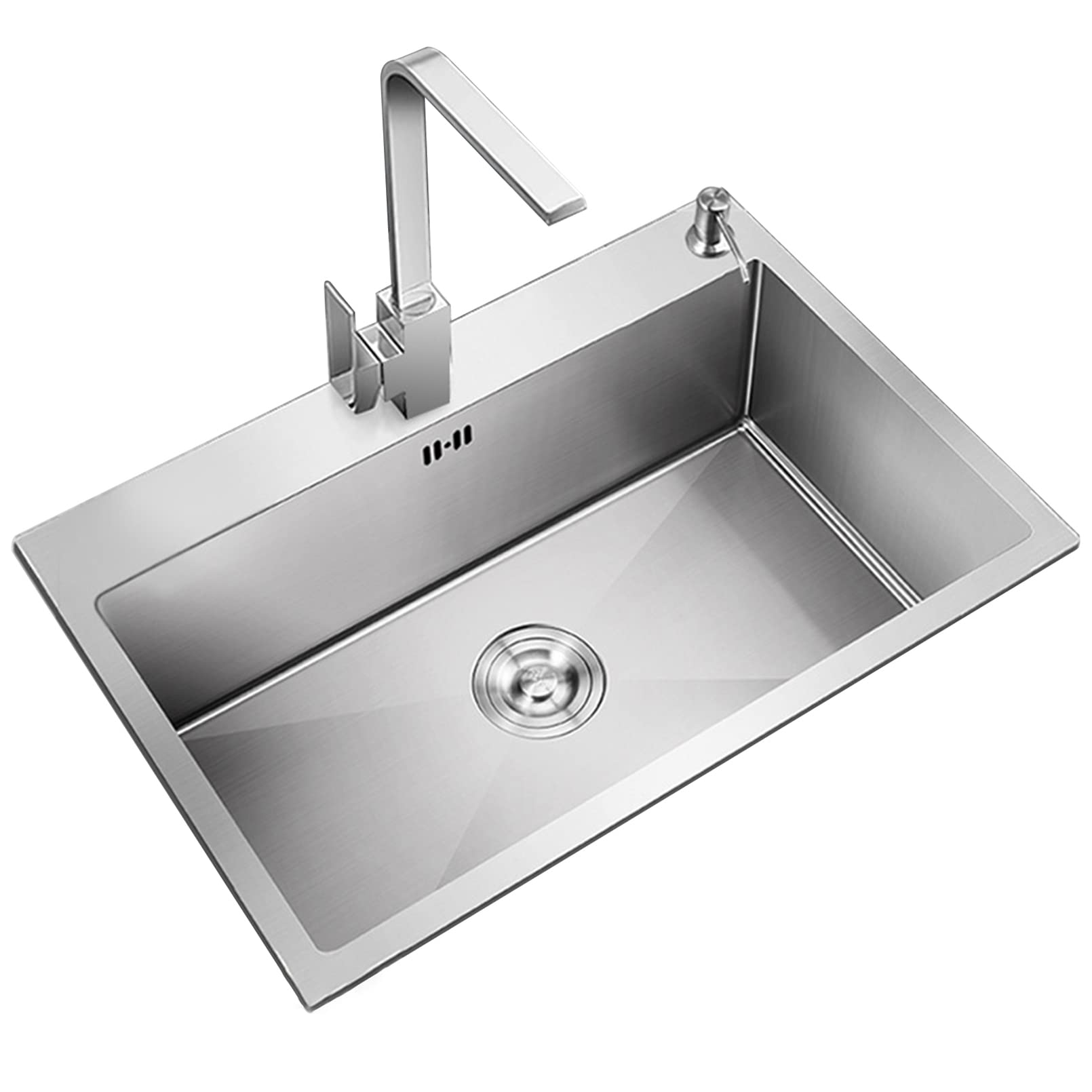 Évier de cuisine cuve unique inox 304 avec robinet carré pour plan de travail en argent