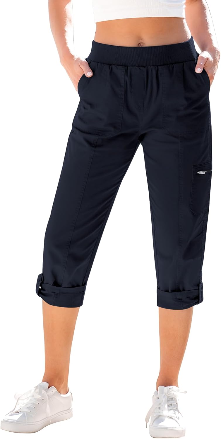 GRAPENT Capri Cargo Pants for Women High Waisted Pull On Elastic Waist Stretch Twill Fold Hem Capris Pants with Pockets