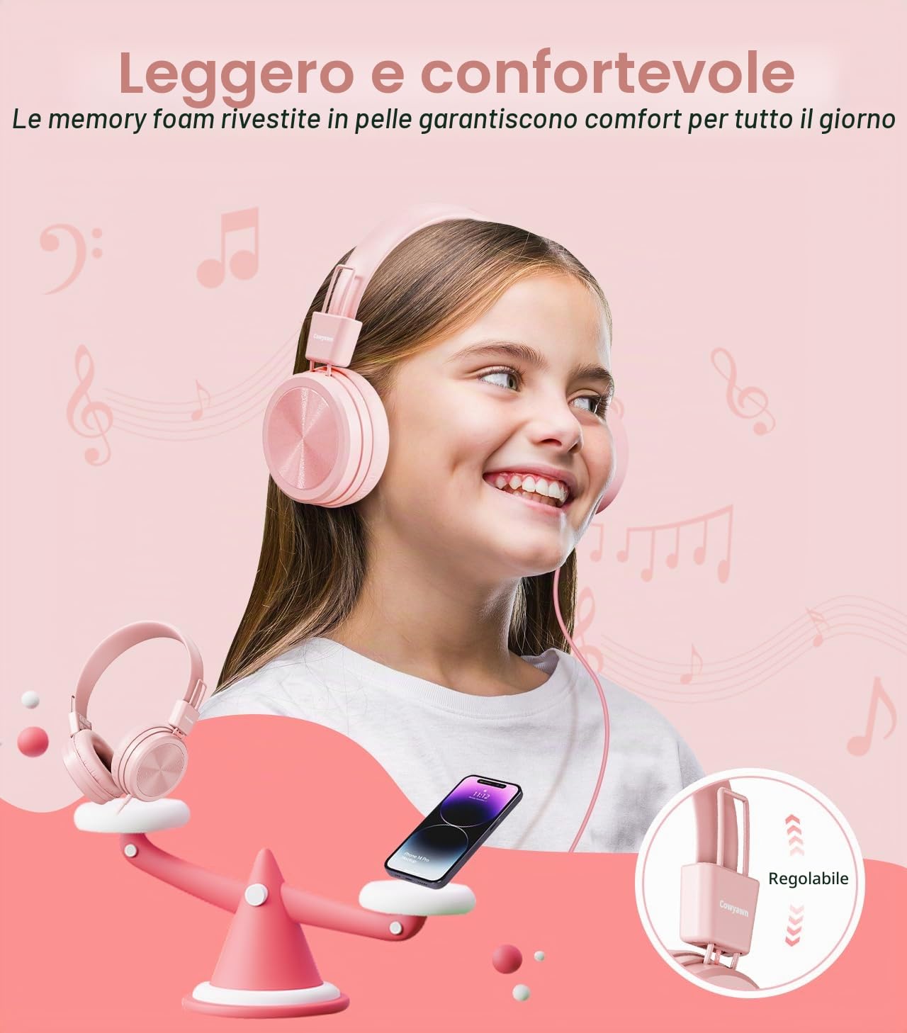 Cowyawn Cuffie per bambini, con limitatore di volume sicuro 94 dB, cuffie cablate per la scuola per bambini, design regolabile e flessibile, per ragazzi e ragazze