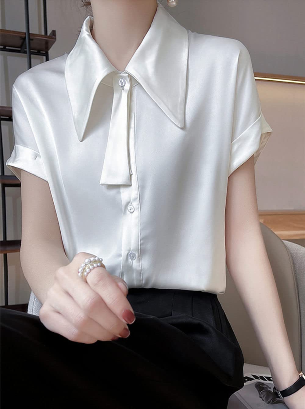 Camicia Donna,Camicette Estive Da Donna Casual In Raso Di Seta Bianco Tinta Unita Colletto A Punta Papillon Camicia Alla Moda Top Arrotolato Manica Corta Abbottonatura Magliette Larghe Per Vacanze I