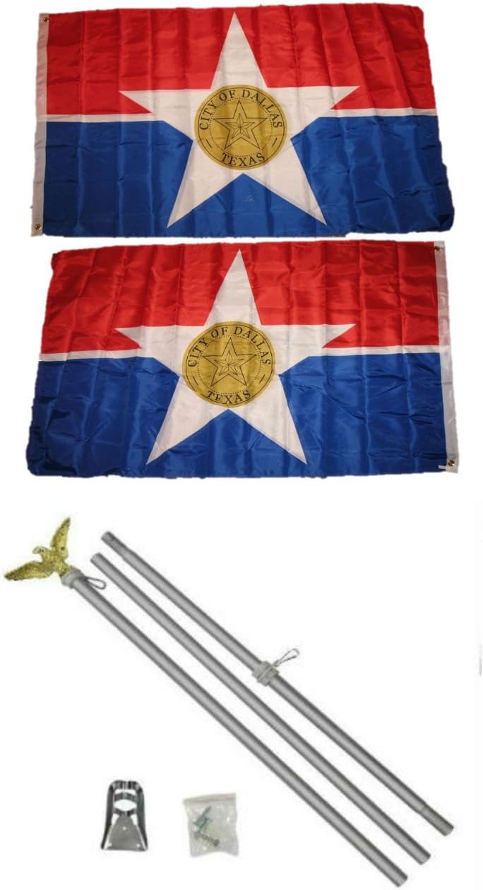 AES City of Dallas Texas 3'x5' Polyester 2 Ply Double Sided Flag with 6' Aluminum Flag Pole Kit with Eagle Topper