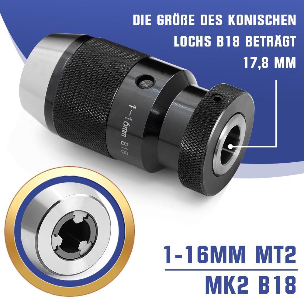 Schnellspannbohrfutter B18 Bohrfutter 1-16 mm + MK2/MT2 Kegeldorn Präzisionsbohrfutter für Drehmaschine Bohrmaschine MK2/MT2 Austreiblappen