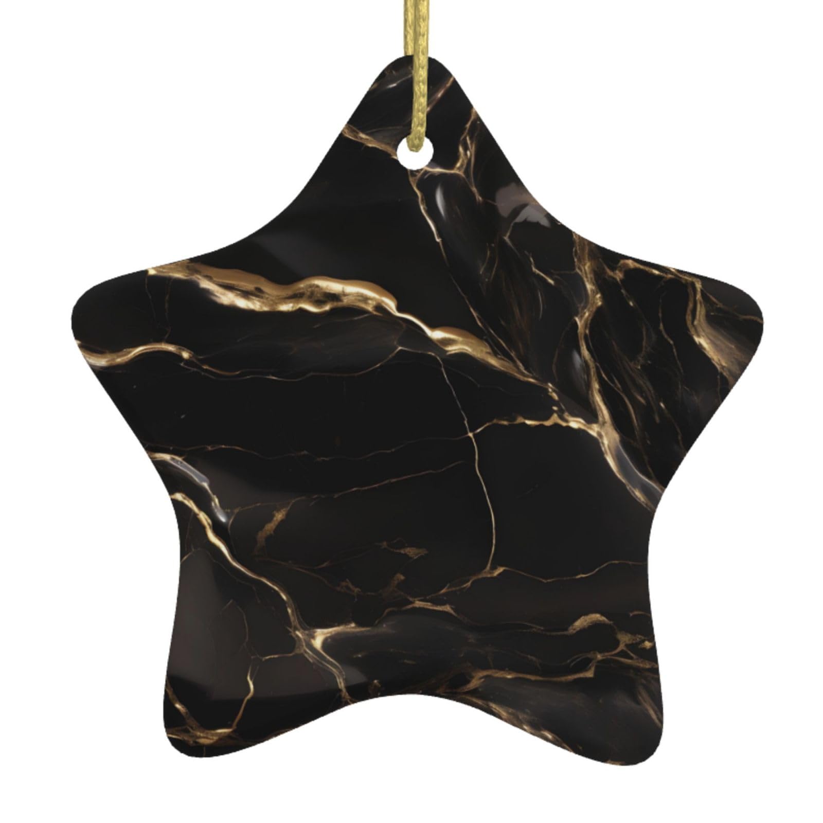 Black Gold Marble Christmas Ceramic Star Pendant with Punched Holes and Gold Wire Rope, Christmas Tree Home Decoration