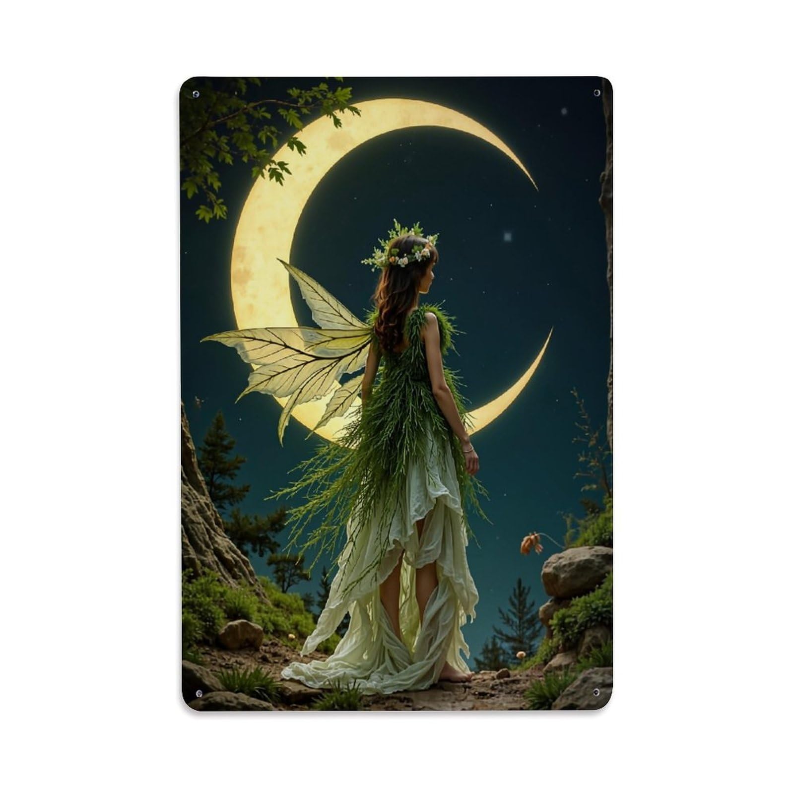 Moonlight Fairy Forest Wings Nature Retro Metal Tin Sign, Vintage Decor Art Poster for Bar, Home, Man Cave, Kitchen, Laundry Room Gift 8x12Inch