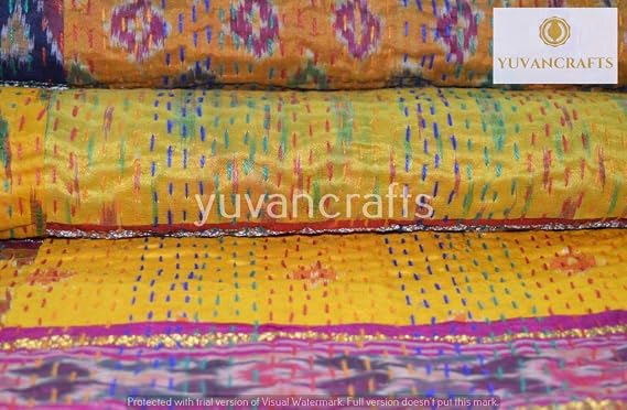 YUVANCRAFTS Indian Handmade Silk Patola Patchwork Kantha Quilt Traditional Silk Multi Color Kantha Throw Blanket Bedspread Coverlet (Twin Size)