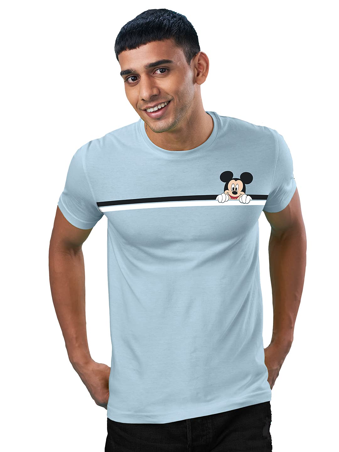 Official Mickey Mouse: Stripes Mens and Boys Graphic Printed Cotton T-Shirts Blue