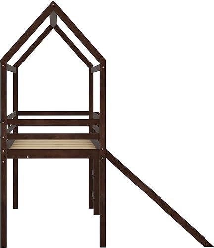 Miniatura 5 de BIADNBZ Cama tipo loft de tamaño individual con tobogán y escalera, marco de madera maciza en forma de casa con barandillas y techo para niños,