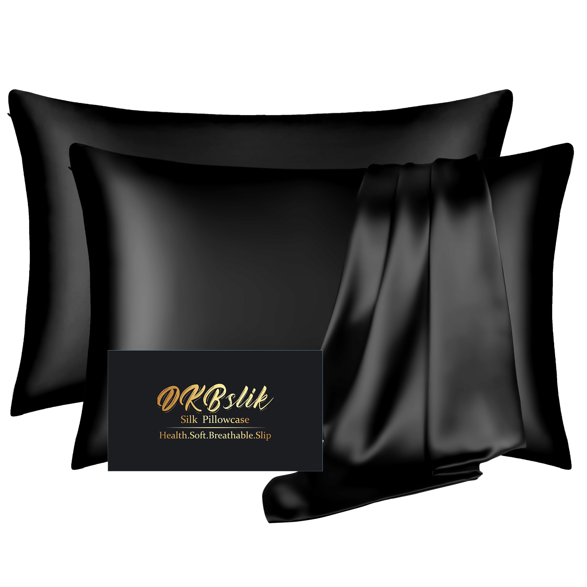 Silk Pillowcase 2 Pack, Mulberry Silk Pillow Cases Queen Size Set of 2, Anti Acne Silk Pillowcase for Hair and Skin, Natural Satin Pillowcases for Sleeping Women with Zipper, Black