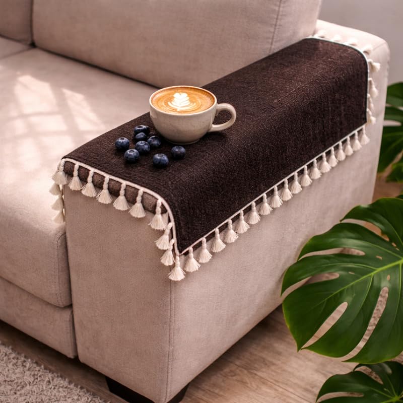 Image of STITCHNEST Jute Sofa Arm Cover with Tassels | Elegant Textured Hand Rest Protector | Durable & Long-Lasting | 18 x 22 Inches