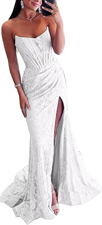 Lace Mermaid Prom Dresses for Women Long 2025 Strapless Corset Formal Dress Evening Party Gowns with Slit