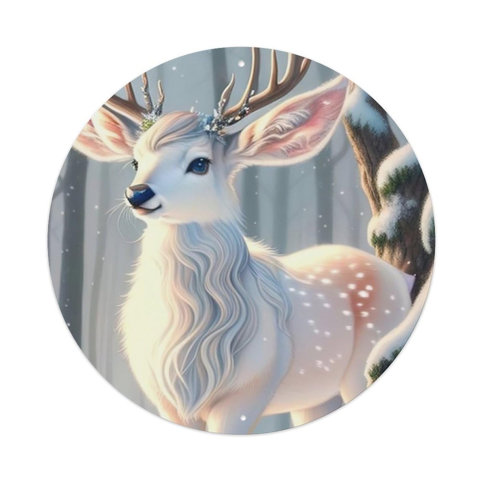 Animal Artwork White Deer in The Snow Vintage Metal Tin Sign Plaque Wall Decor for Cafe, Club Bar, Office, Garden Metal Poster 8x8Inch