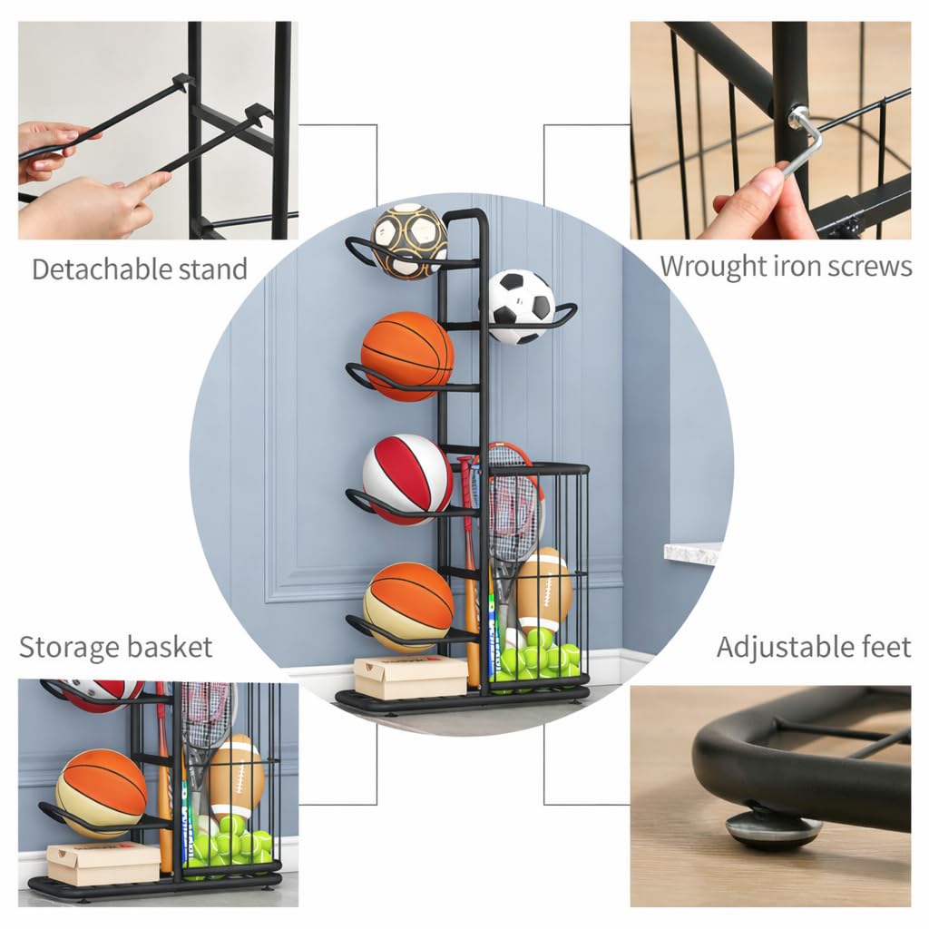 Porta Palloni Verticale Regolabile con Scaffale per 5 Palloni, in Acciaio Resistente, con Cassetto per Stoccaggio, per Basket, Calcio, Pallavolo e Altri Sport, per Garage, Altezza 116 cm