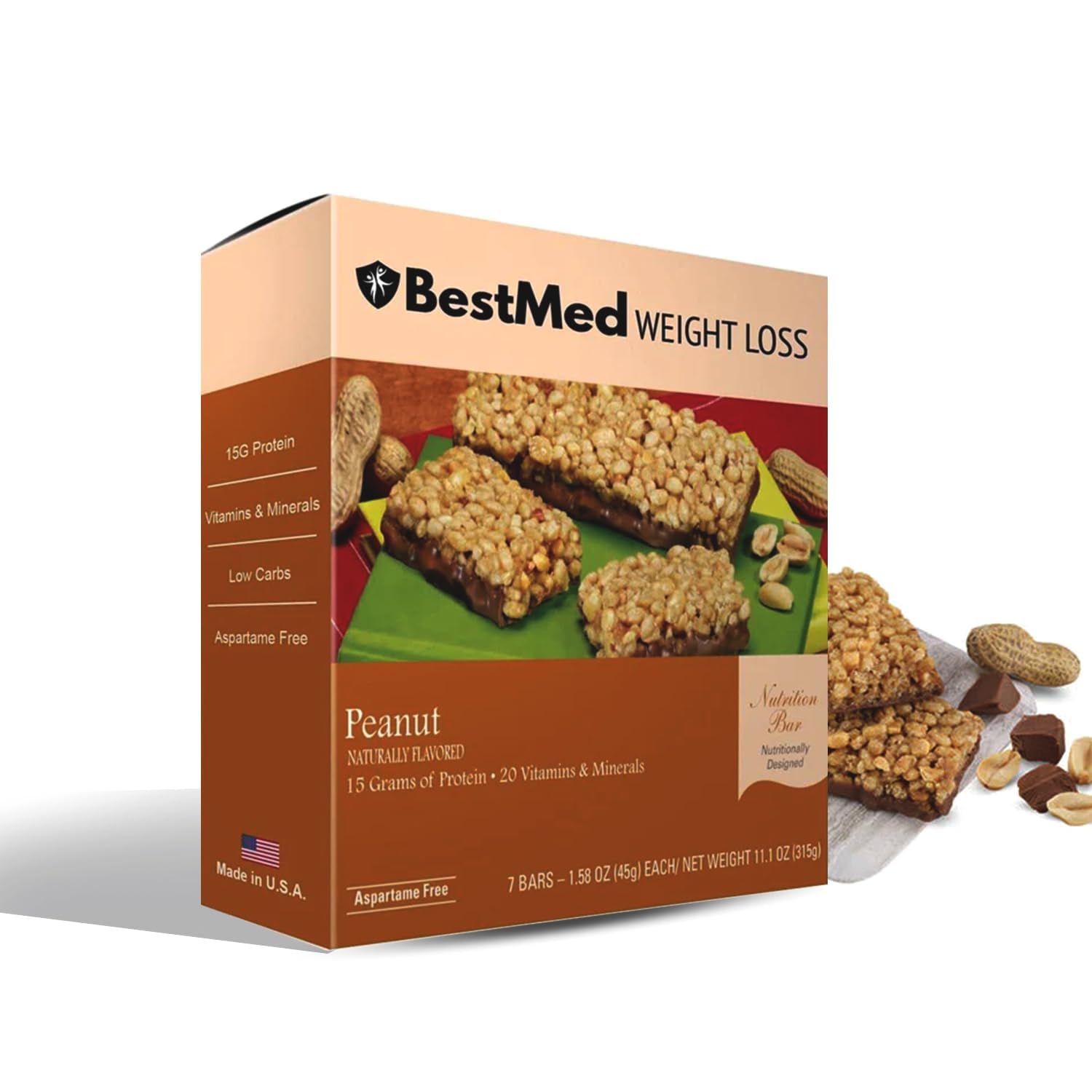 BestMed - Barra Nutricional Alta en Proteína - Baja en Carbohidratos, 15 g de Proteína, Baja en Azúcar, Alta en Fibra, Baja en Calorías, Barra Sustitutiva de Comida (Cacahuete, 1 Caja - 7 Unidades)