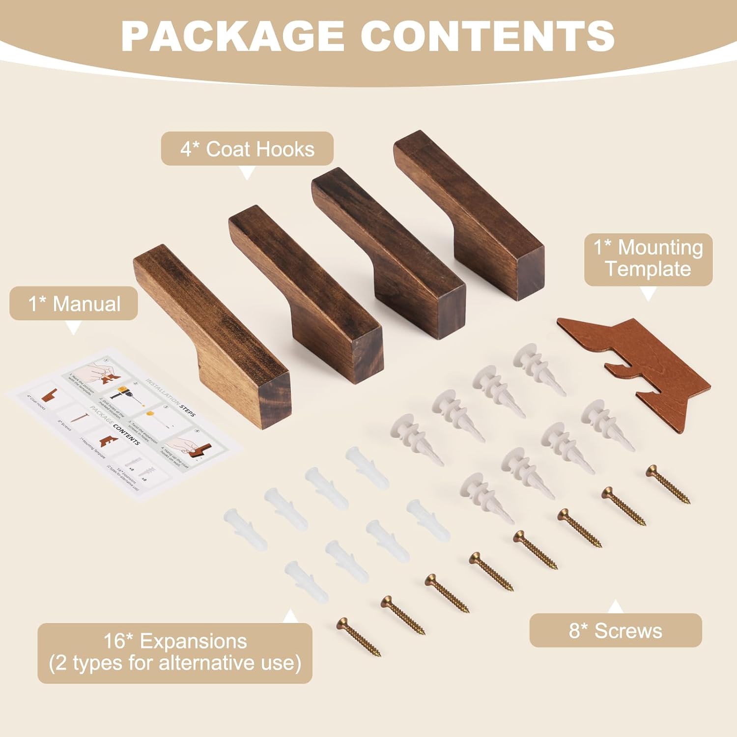 VIS'V Walnut Wall Hooks, Wall Mount Wooden Coat Hooks for Entryway Cubicle, Brown, 4 Pcs - Image 6