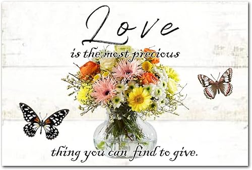 Love is The Most Precious Thing You Can Find to Give - Letrero de madera de mariposa margarita flores hervidor flor de primavera arte de pared retro