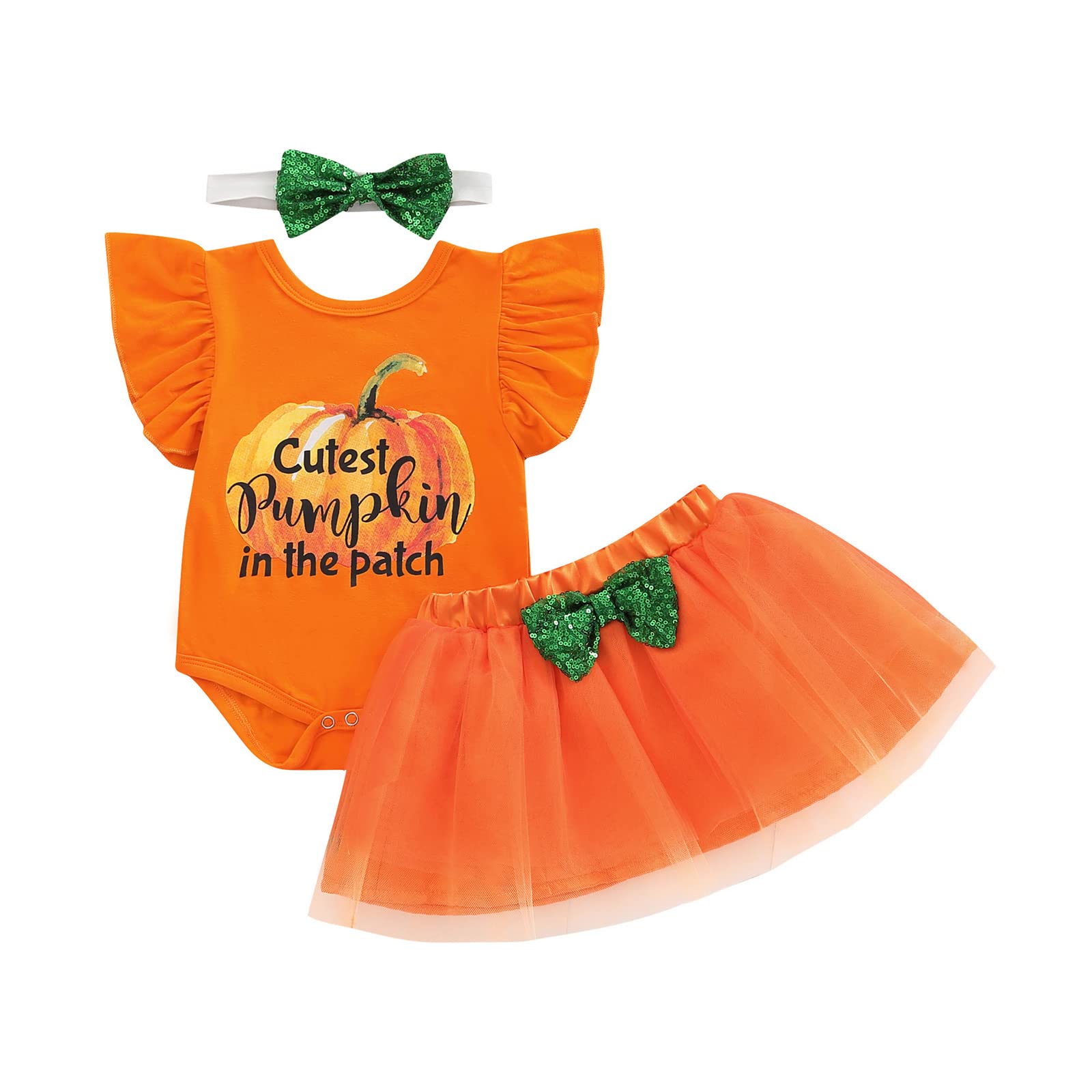 Muasaaluxi Newborn Baby Girls Halloween Outfit Ruffle Pumpkin/Ghost Romper Bodysuit Tulle Tutu Skirts Headband Set 0-24M (Orange-Pumpkin, 0-6 Months)