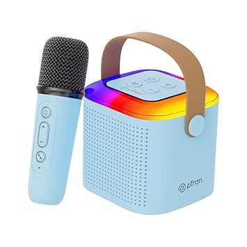pTron Newly Launched Fusion Tunes 10W Mini Bluetooth Speaker with Wireless Karaoke Mic, 8Hrs Playtime, Vivid RGB Lights, Voice Effects, Multi-Play Modes BT5.1/TF Card & Type-C Charging Port (Blue) - image, photos