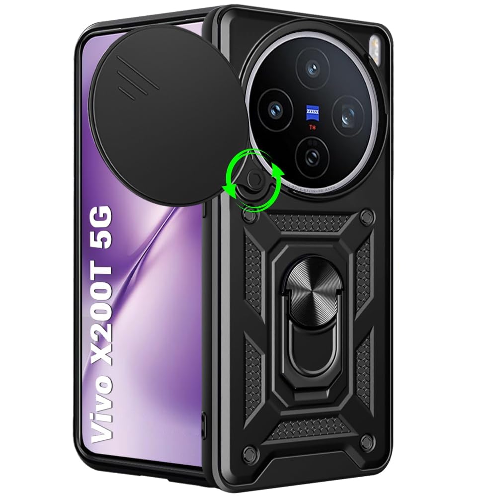 Bumper Back Cover Case for Vivo X200T 5G | Kickstand & Ring Holder | 360 Degree Protection Back Cover Case for Vivo X200T 5G (PC & TPU, Rotating Camera Cover, Black)-image-5