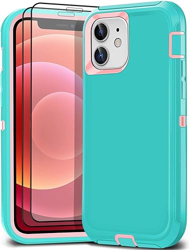 Funda para iPhone 12 con clip para cinturón y 2 protectores de pantalla, resistente de grado militar, funda de cuerpo completo (negro)