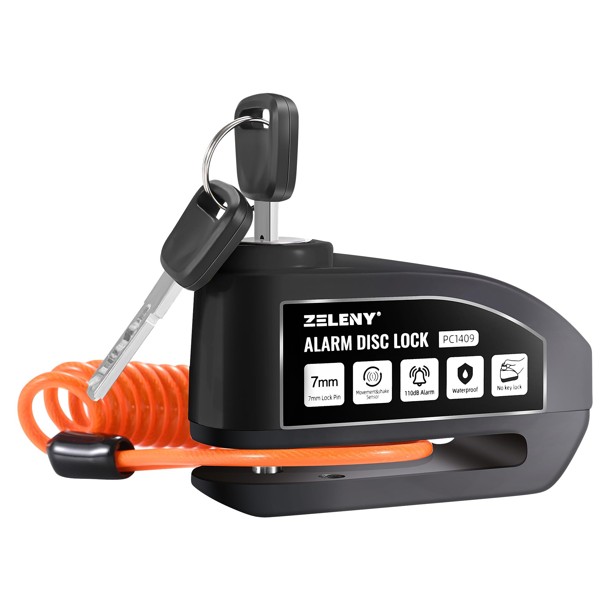 ZELENY Bremsscheibenschloss Alarm 110db Motorrad Schloss, Motorradschloss Alarmanlage mit 1.5m Rückrufkabel und Schlosstasche, Scheibenbremsen Schloss für Moto Fahrrad Moped