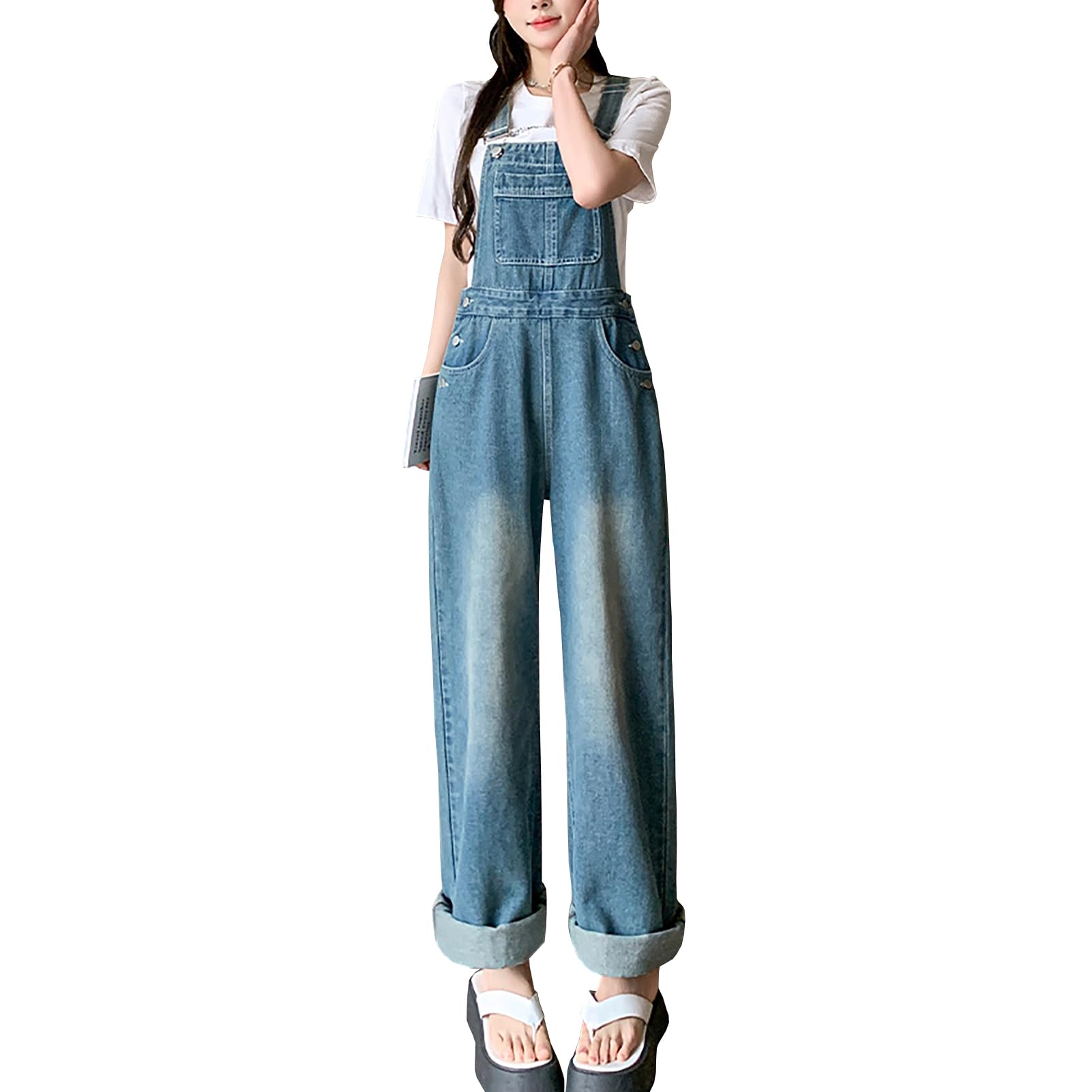 Salopette Jeans Femme Large Combinaisons en Jean Coupe Droite Pantalon en Jean