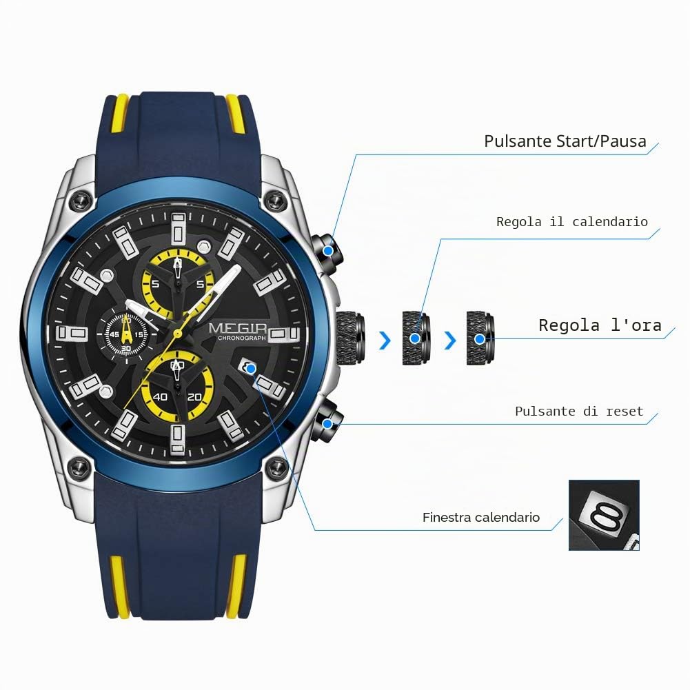 MEGIR Orologio da uomo, analogico, sportivo, al quarzo, con cronografo luminoso, cinturino in silicone