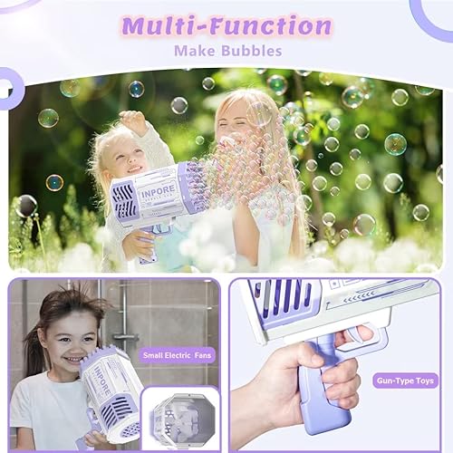 Vista 4 de Bubble Guns,69 Holes Bubbles Machine for Kids Adults,Colorful Light Strong Wind Bubble Rocket Launcher,Children's Toys Bubble Blower with 2 Bubble