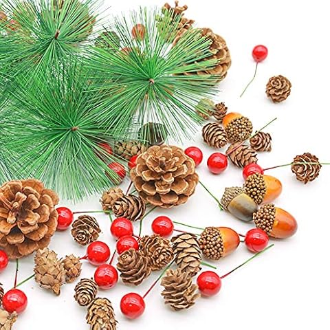 DomeStar 120PCS Artificial Acorns Berry Craft and Natural Pinecones Ornament Set, Artificial Pine Picks Fake Fruit Decor Winter Decorating Kit Cover