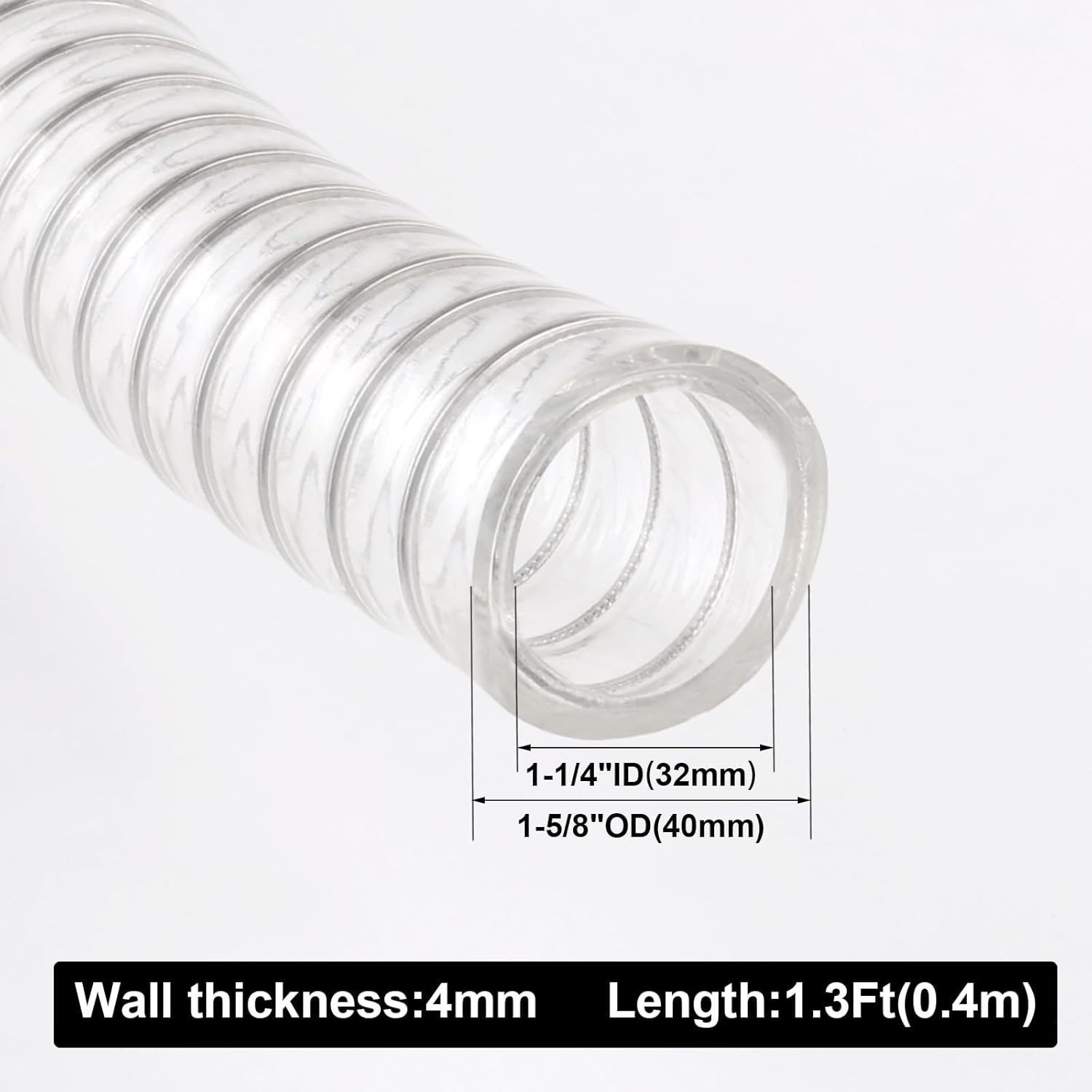Eoiips 1-1/4"ID x 1-5/8"OD Steel Wire Suction PU Polyurethane Tubing, Food Grade Hose, High Pressure Flexible Heavy Duty Clear Suction Tube, 1.3Ft Length