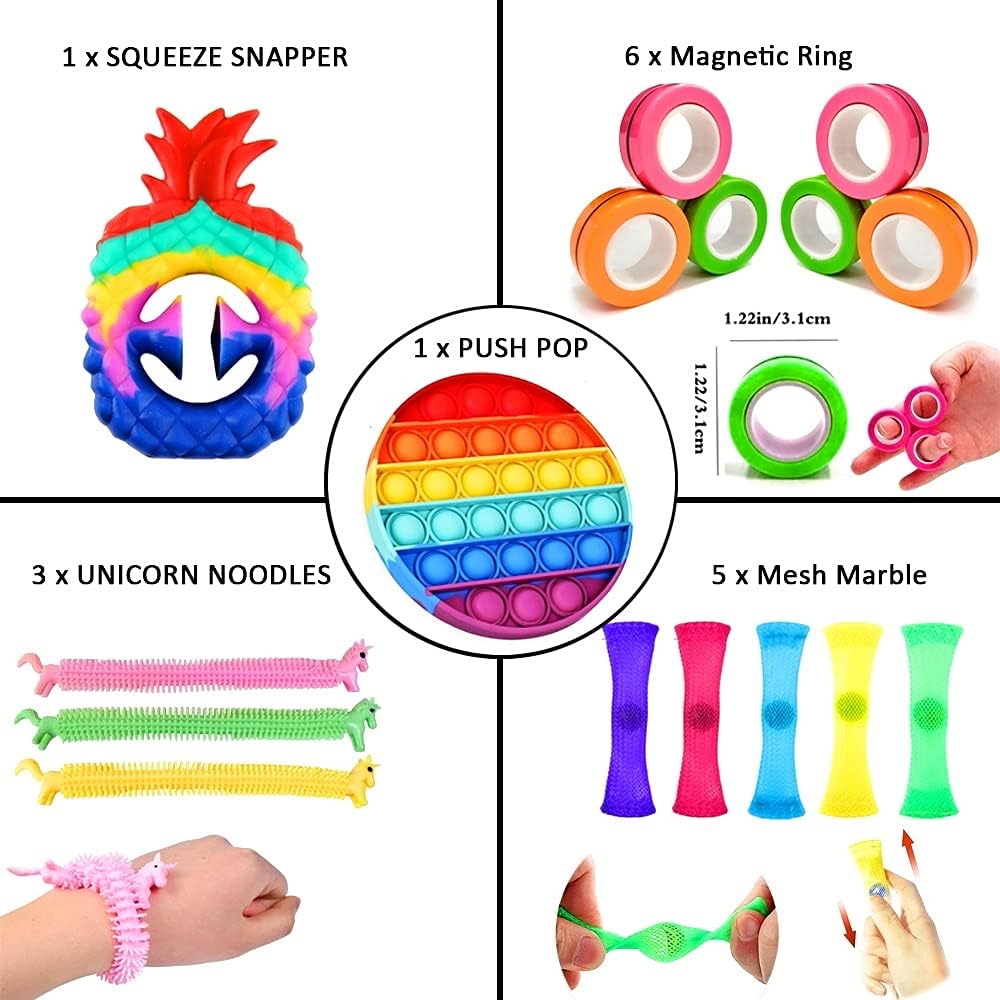 SELMUEL 16-Pcs Fidget Toys Packs - Pop Fidget Toy Magnetic Rings Marble Mesh and Unicorn Toys - Best Stress Relief Anxiety Relief Autism Sensory Toys for Adults Kids Autism Toys : Toys & Games