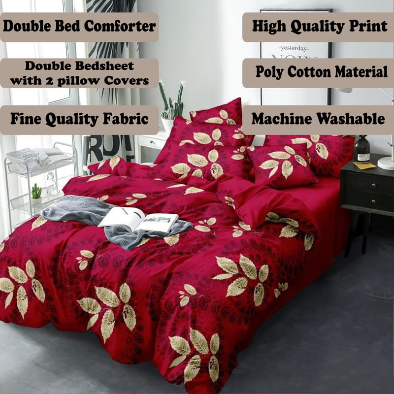 Image of Polycotton Printed 120 TC Comforter & Bedsheet Double Bed Bedding Set, Queen Size (90x100 inch), Red & Golden, 4 Pieces