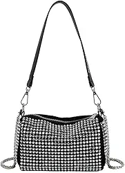 Bolsa de Ombro Feminina com Cristais, Alça Removível e Corrente, Preta
