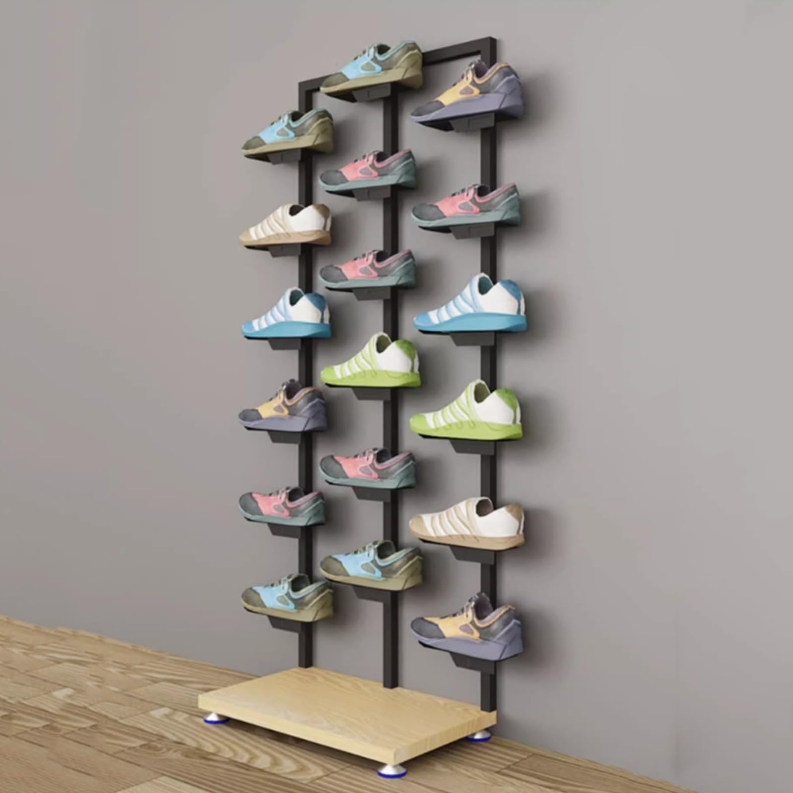 YNBSHGAA 6 Tier Metal Shoe Display Rack Holds 18 Pairs, Freestanding Shoe Organizer for Retail Boutiques, Stores & Home Use,7-size_name-Black+Wood