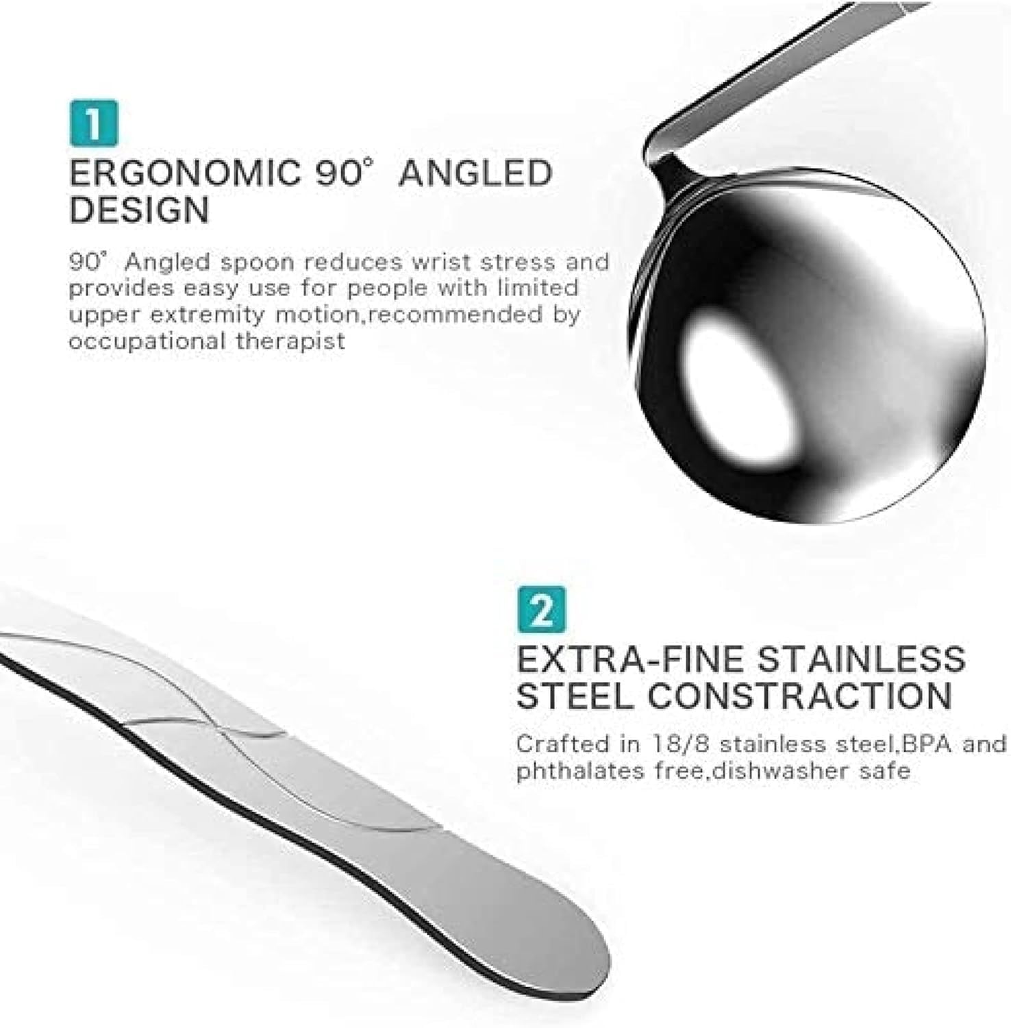 Utensilios curvados adaptativos, ayuda alimentaria de acero inoxidable, cuchara en ángulo antivibración para ancianos, parkinson, artritis, discapacidad