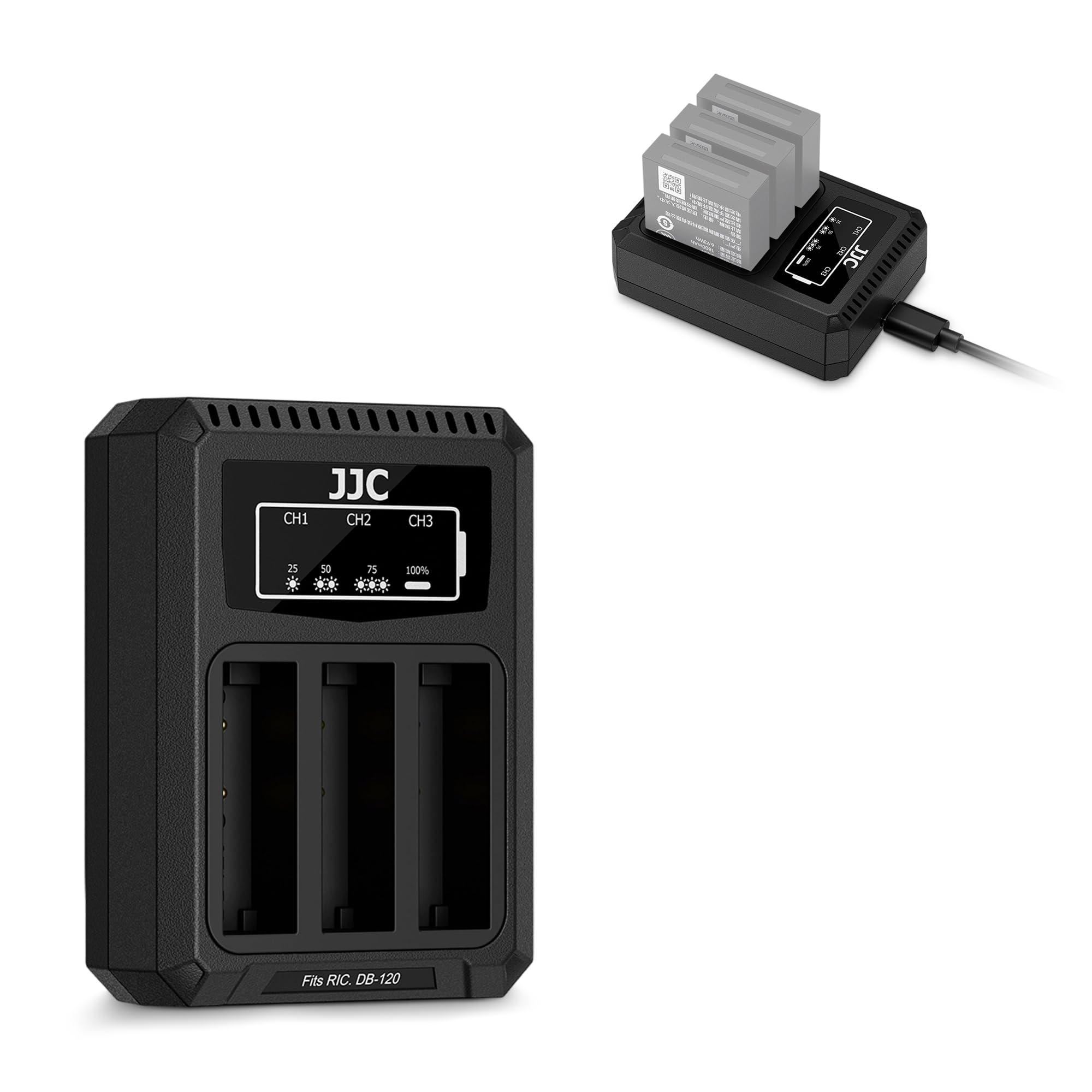 JJC Caricabatteria triplo USB-C compatibile con Ricoh GR IV, GR4, GRIV Camera, Caricabatteria + 1 cavo di ricarica Type-C per Rico DB-120