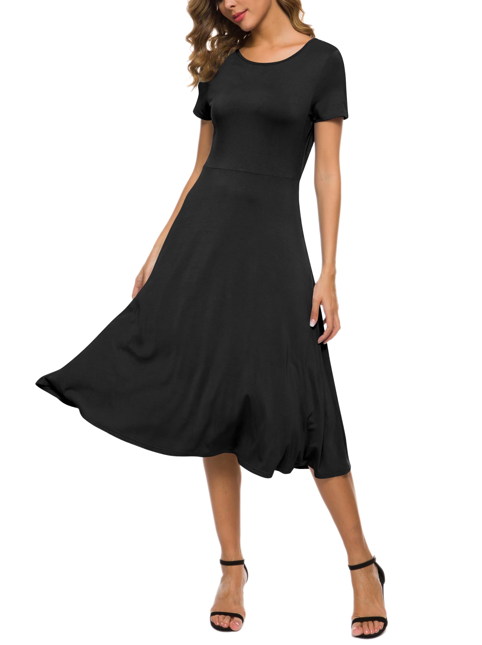 EXCHIC Mujeres Casual Sólida Cuello Redondo Midi Vestido Elástico Manga Corta Verano Vestido Largo