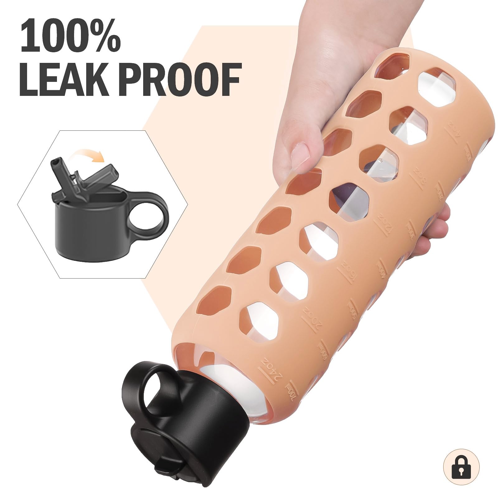 BLUEGO Borracce in vetro, 700ml Bicchiere in vetro, Bottiglie per bere con 2 coperchi, Bottiglia per l'acqua sportiva con custodia in silicone, A prova di perdite, Ambra