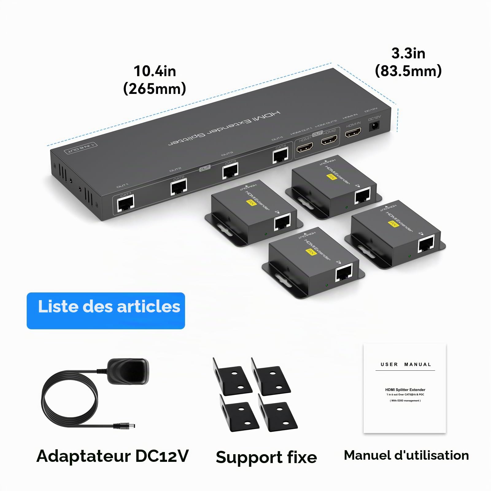 Splitter HDMI Extender 1 in 6 Out jusqu'à 50M 165FT Via Cat6/7 Répartiteur hdmi avec 2 Sorties HDMI Loop Supporte la Gestion EDID 1080P60Hz POC
