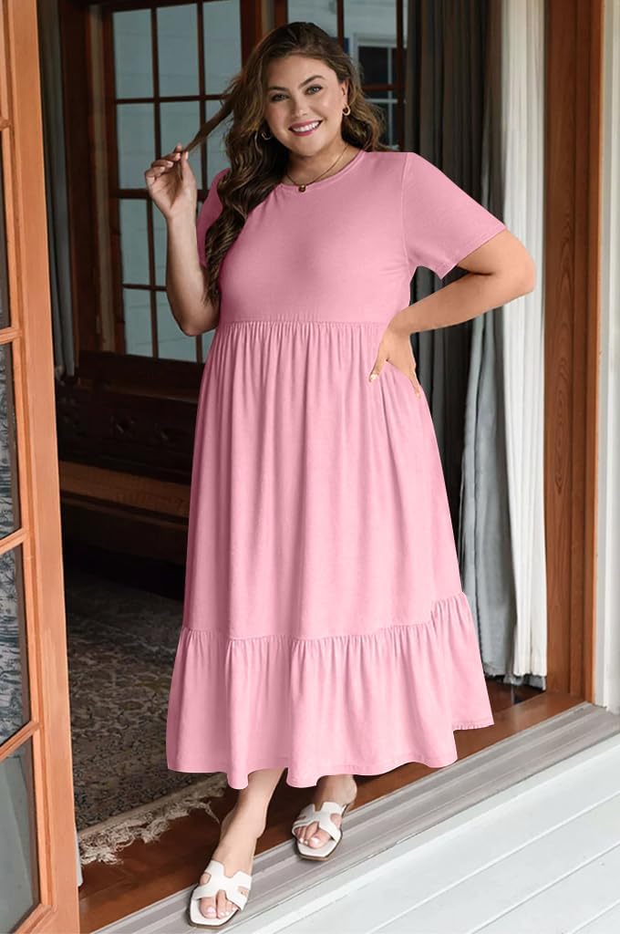 Plus Size Dresses for Women Summer Casual Short Sleeve Crewneck Aline Swing Flowy Tiered Maxi Long Dress with Pockets - Image 4
