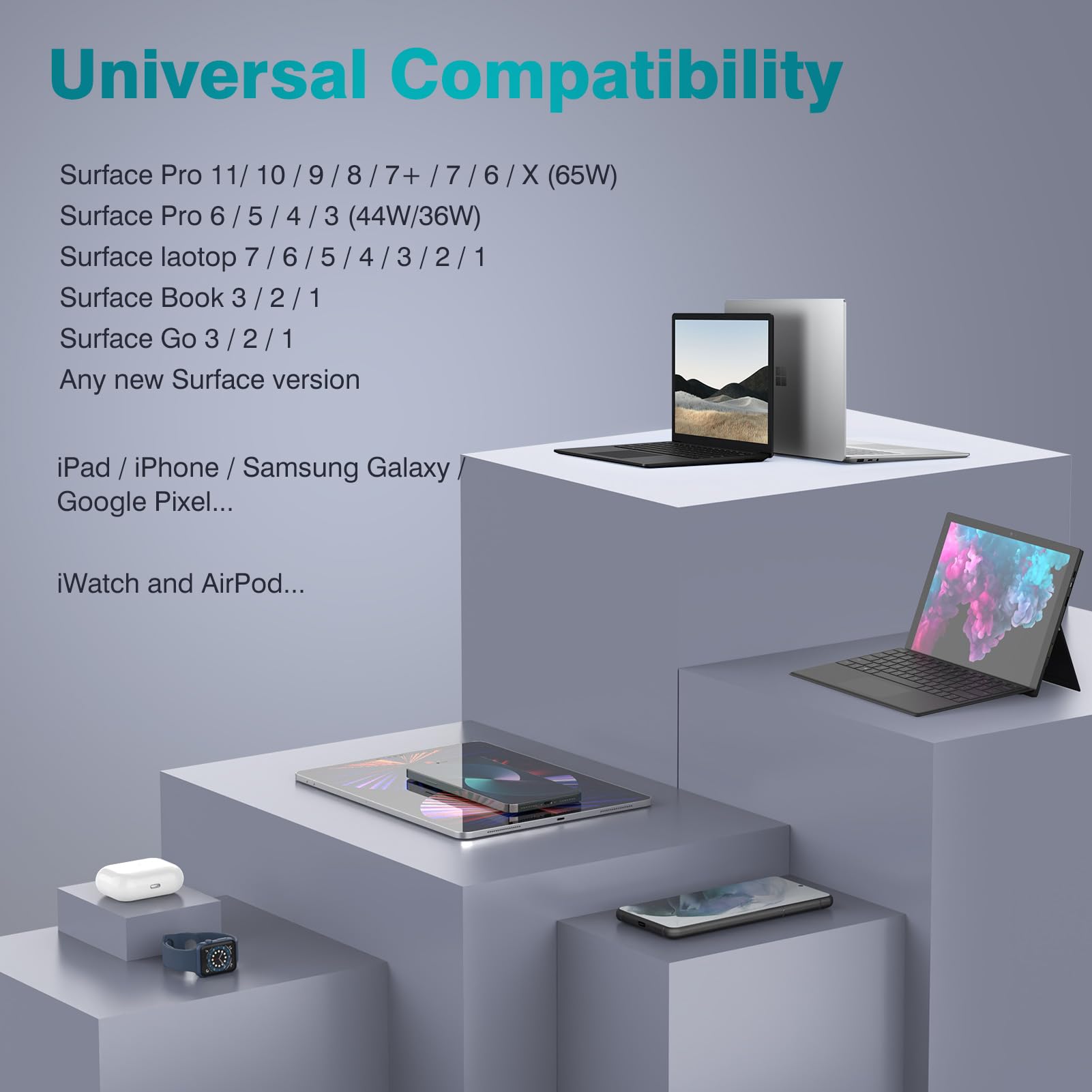 Microsoft Surface Pro Charger - 65W & 20W USB-C, LED, 10FT for Surface Pro 11, 10, 9, 8, 7+, 7, 6, 5, 4, X, Laptop 7, 6, 5, 4, 3, Studio, Go, Book 3, 2, 1