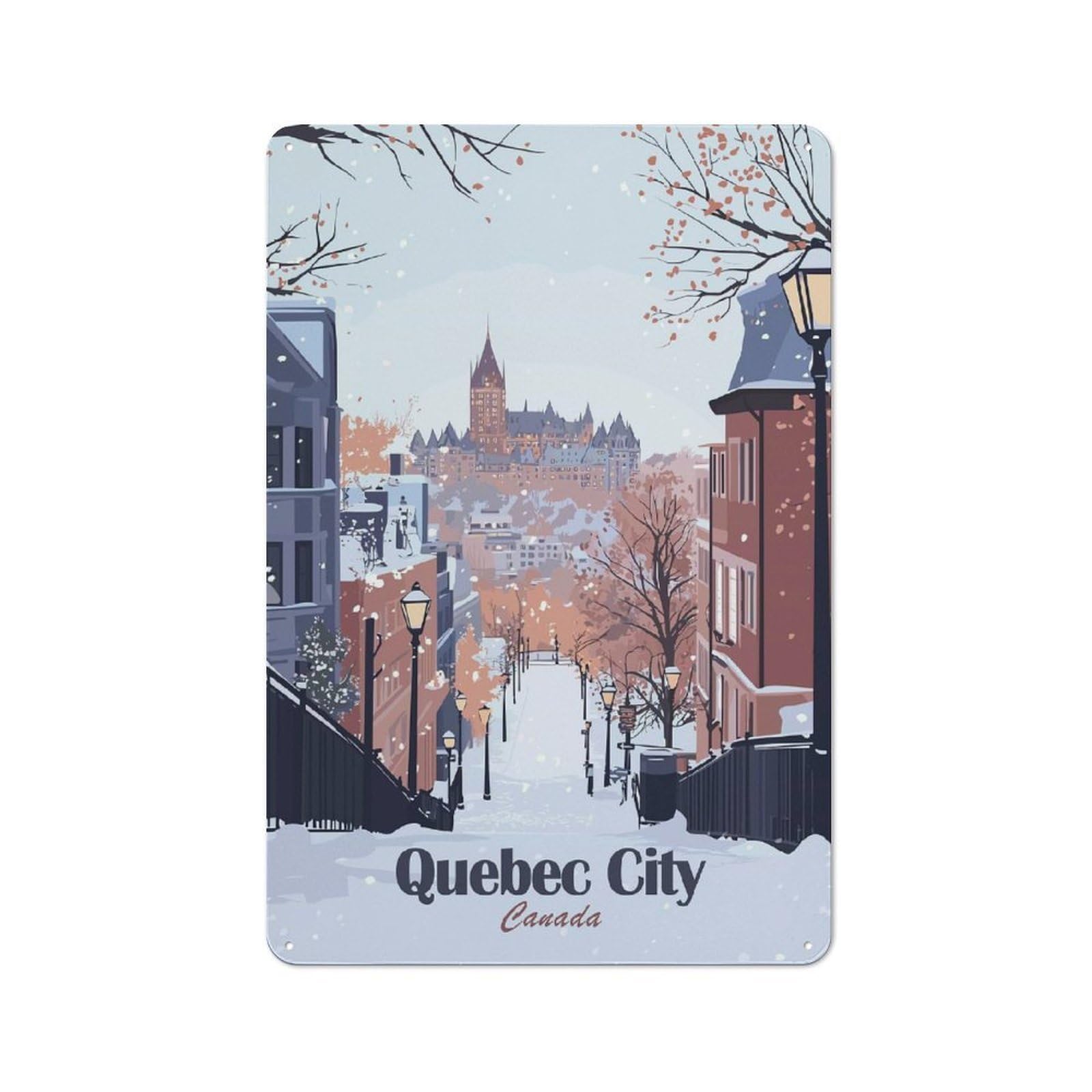 Junmoney Style Quebec City Winter Scene Illustration Rustic Printed Metal Sign 30X20cm For Bar Or Restaurant, For Bar Decor Enthusiasts