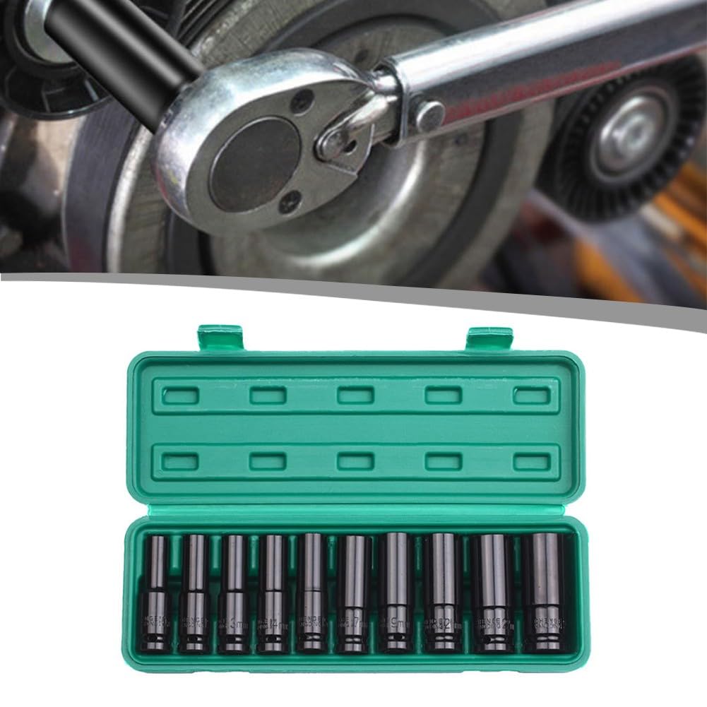 Set di chiavi a bussola a 6 punte da 1/2", in acciaio al carbonio, 10-24 mm, con custodia per utensili manuali e elettrici, 10 pezzi