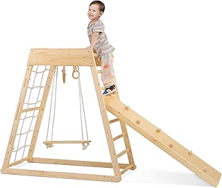 Indoor Climbing Frame, Toddler Wooden Toy Play Set 7-in-1 with Climbing Frame, Triangular Climbing Ramp, Slide, Swing, Climbing Frame, Rope Ladder, Rock Wall Dome Small, High-Quality Pine