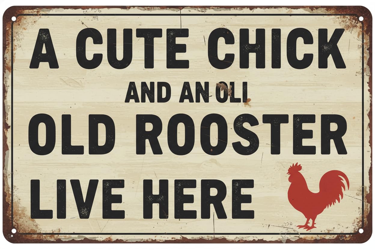 A Cute Chick & An Old Rooster Live Here Rustic Primitive Metal Sign 12"x8" Vintage Signs Aluminum Plates Printed