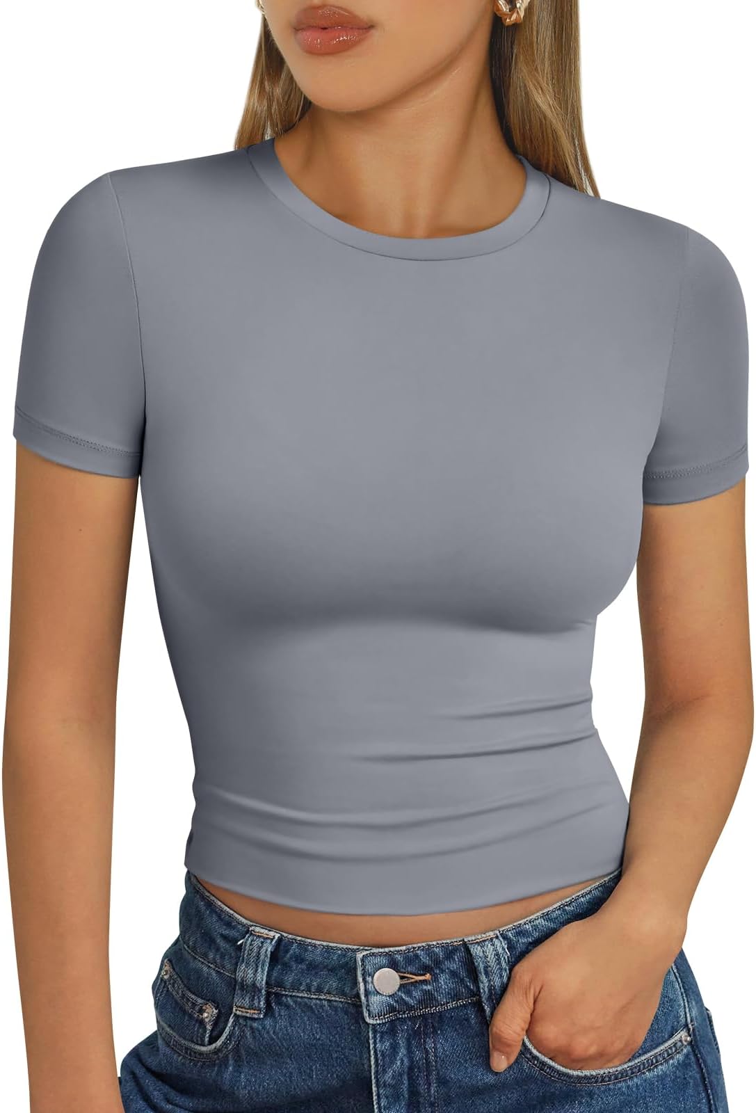 Trendy Queen Womens Basic T-Shirts Scoop Neck Short Sleeve Crop Tops Cute Summer Tops Slim Fit Tees Y2k Clothing