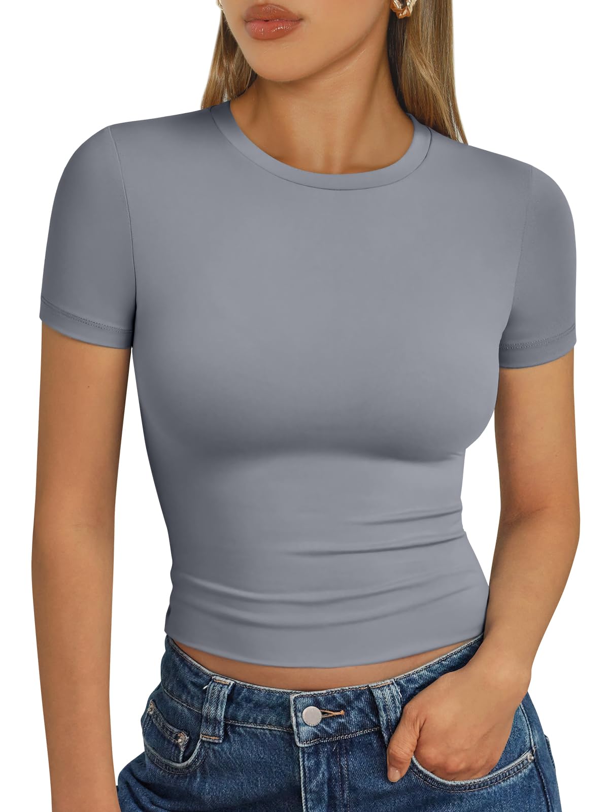 Trendy Queen Womens Basic T Shirts Summer Tops 2025 Short Sleeve Crop Tops Slim Fit Gym Workout Y2k Clothes